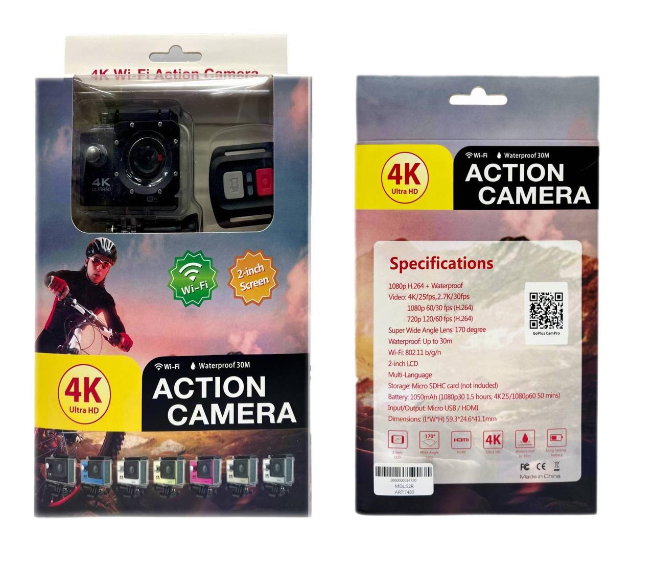 Відеокамера Action Sport Camera з дисплеєм 4К/WIFI/microUSB/ПУ/60fps S2R 20шт 7483, фото 1