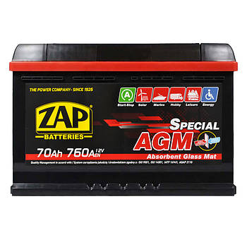 Автомобільний акумулятор ZAP AGM 70Ah 760A R+ 570 02z