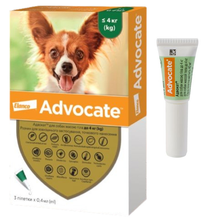 Адвокат для собак до 4 кг Advocate краплі від бліх, кліщів глистів, 1 піпетка, фото 1