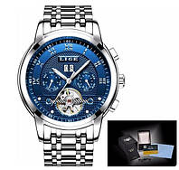 Швейцарские часы механические мужские командирские с хронометром и календарем на большом синем прочном корпус