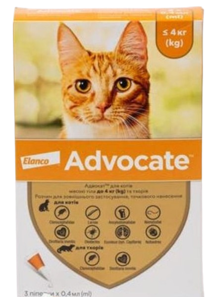 Адвокат для котів до 4 кг Advocate краплі від бліх, кліщів і глистів, 3 піпетки, фото 1