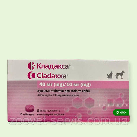 Антибактеріальні жувальні таблетки для собак і котів Cladaxxa (Кладакса) 40 мг/10 мг упаковка 10 таблеток, фото 1