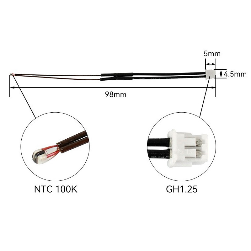 Термістор NTC 3950 100K Корпус скло D1.3mm L3mm, Провід L90mm GH1.25-2pin