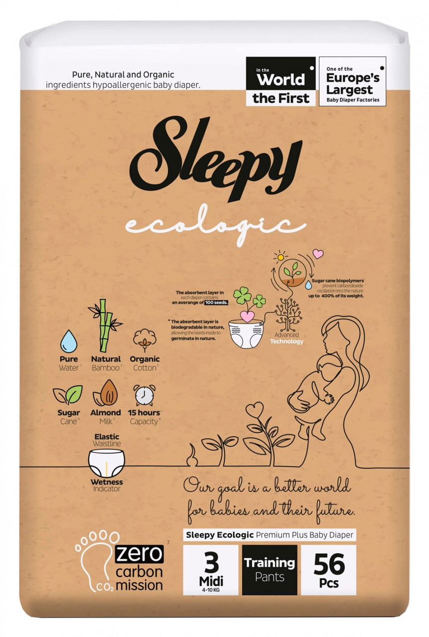 Трусики Sleepy Ecologic Midi, розмір 3, 56 штук - екологічно чисті, гіпоалергенні, суперпоглинання
