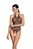 Боди BS087 черный с открытой спиной для эротического стиля сексуального белья в крупную сетку