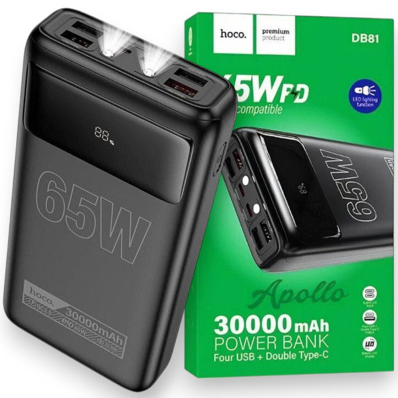 Зовнішній портативний акумулятор Power Bank HOCO DB81 30000 mAh PD 65W Повербанк з ліхтариком, чорний