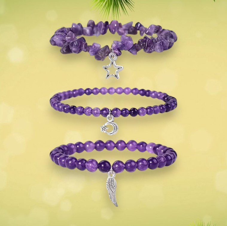Шикарний набір браслетів з підвісками зірка, місяць і крило, натуральний камінь аметист стильний аксесуар, фото 1
