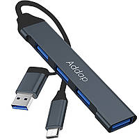 USB Type-C хаб з адаптером під USB-A порт Addap UH-05D, концентратор / розгалужувач для ноутбука на 4 порти USB, Gray