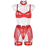 Жіночий комплект нижньої білизни з поясом та підв'язками червоного кольору, фото 9