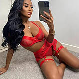Жіночий комплект нижньої білизни з поясом та підв'язками червоного кольору, фото 5
