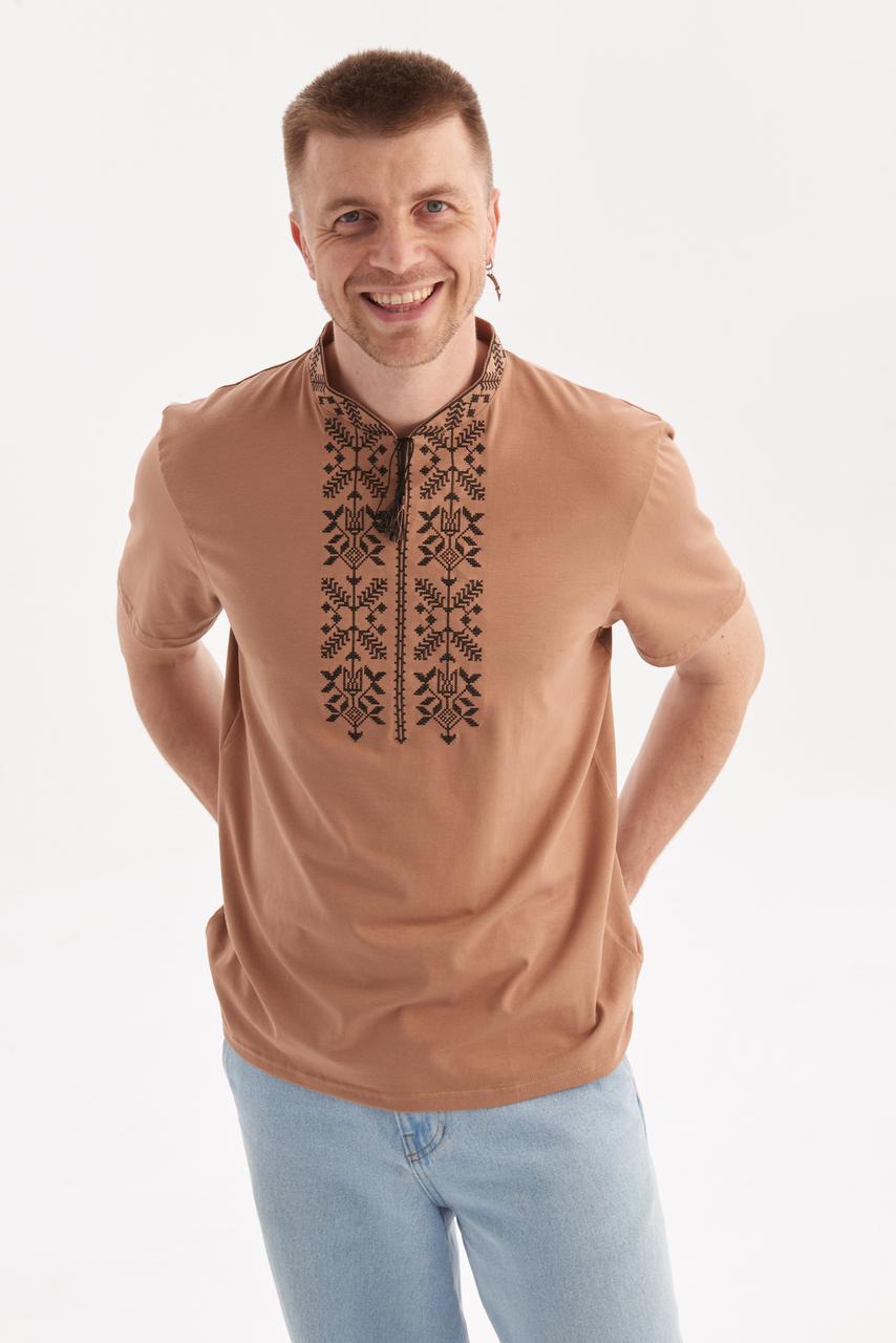 Чоловіча футболка вишиванка "Тризуб", літня бежева футболка з орнаментом, фото 1