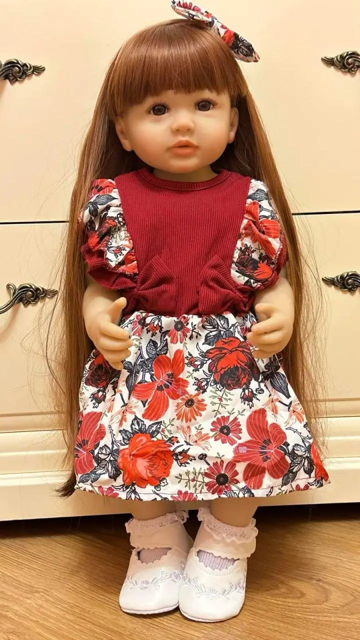 Лялька вінілова 55см, ручна робота, з довгим волоссям у сукні, Reborn Baby Doll 79
