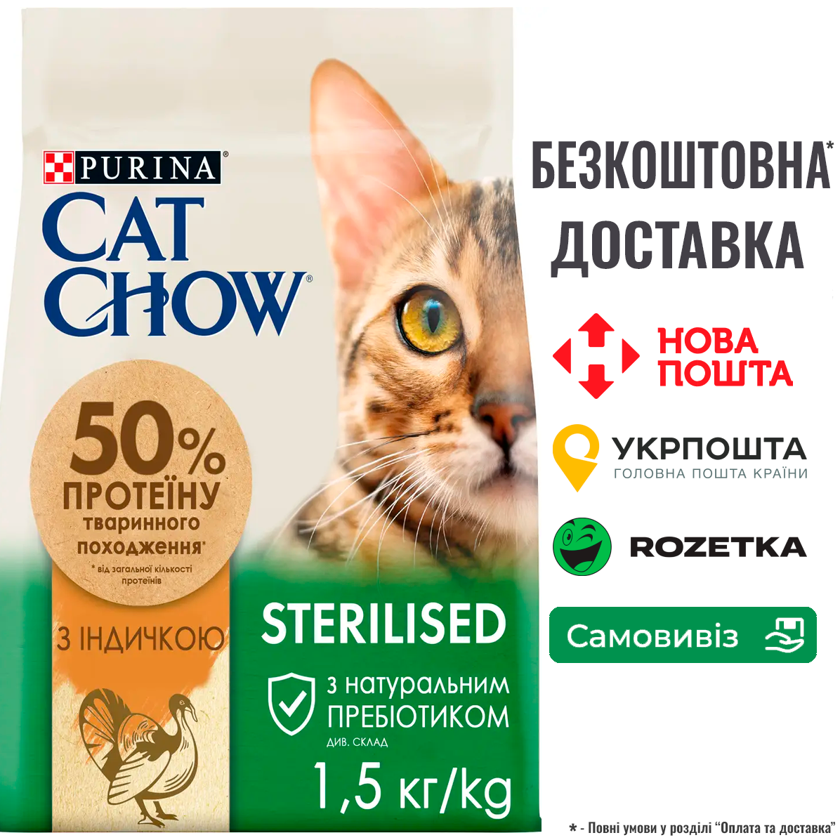 Сухий корм Cat Chow Sterilised з індичкою для дорослих кастрованих котів 1.5 кг, фото 1