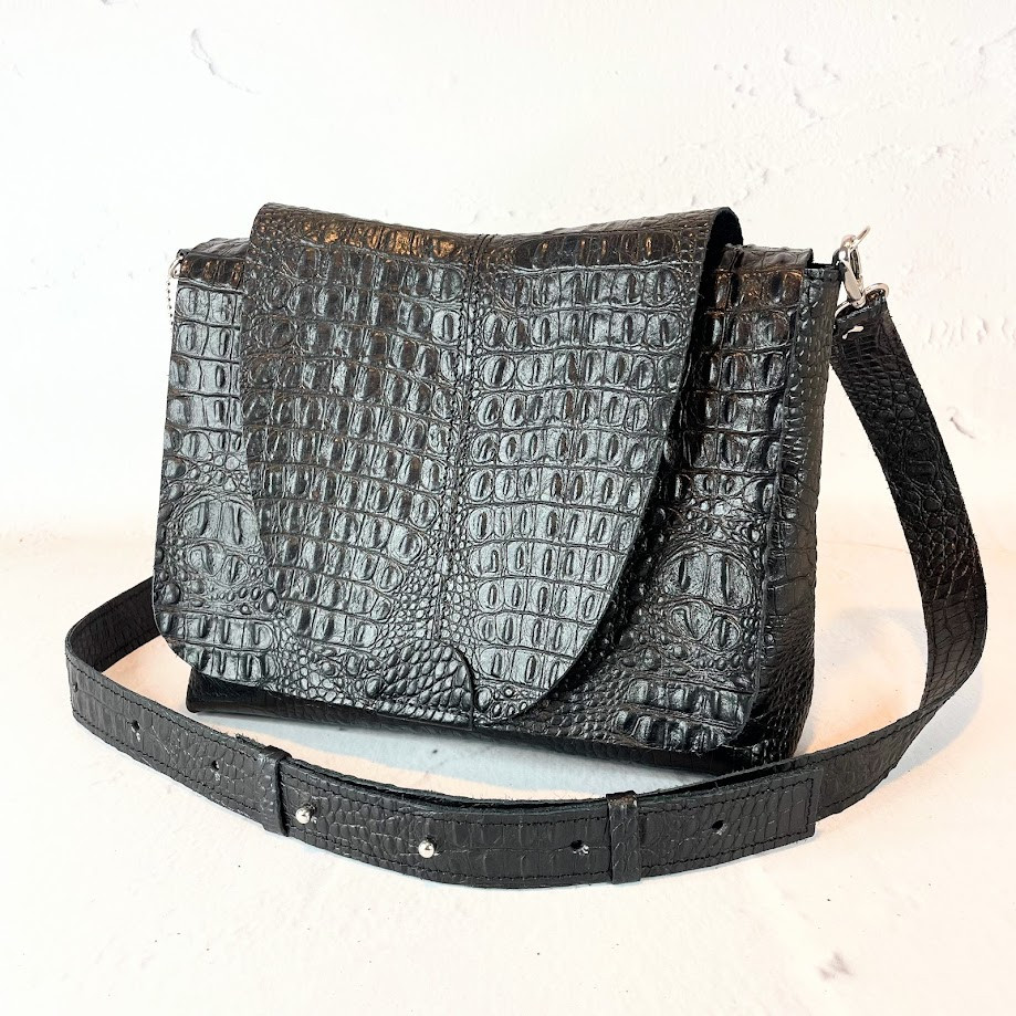 Сумка жіноча "Мішель" натуральна шкіра, чорна/ тиснення під крокодила, фото 1
