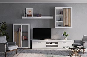 Сучасна стильна біла стінка під телевізор з підсвіткою у вітальню зал 270 см Сансет німфеа альба/табліла