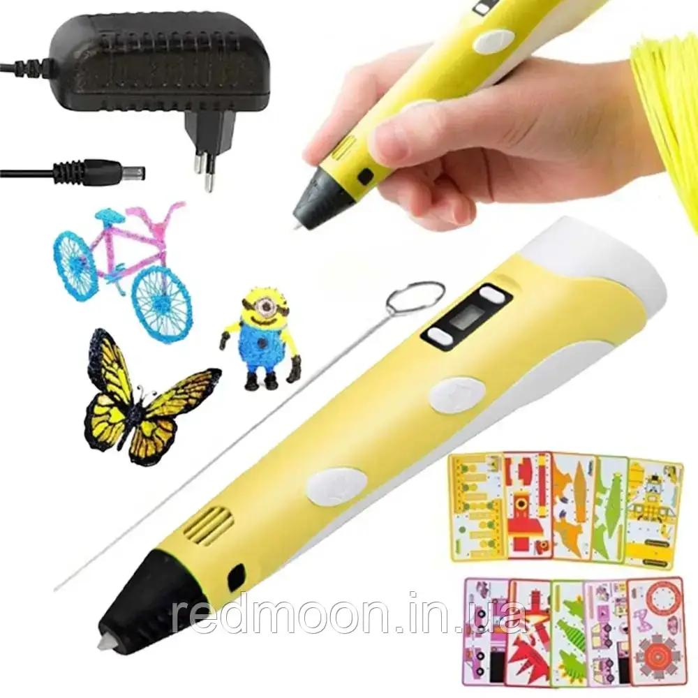 Дитяча 3D ручка для малювання з дисплеєм, трафарети, стрижні, 3DPEN-3, Жовтий / 3д ручка для створення об'ємних моделей, фото 1