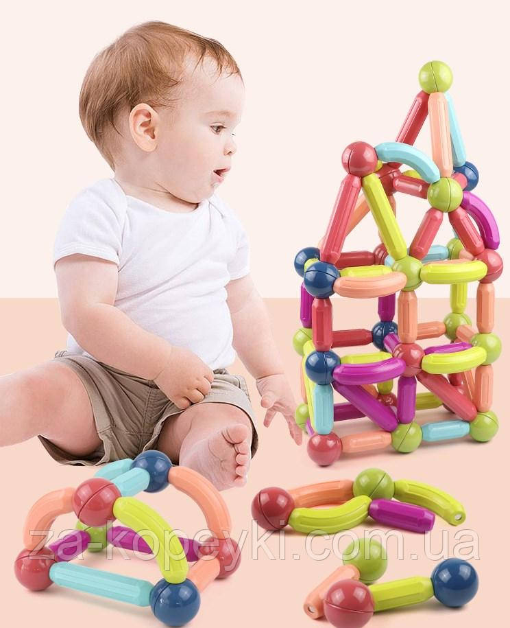 Дитячий магнітний розвиваючий 3D конструктор Магнітні блоки Magnetic Sticks 64 деталі, фото 1
