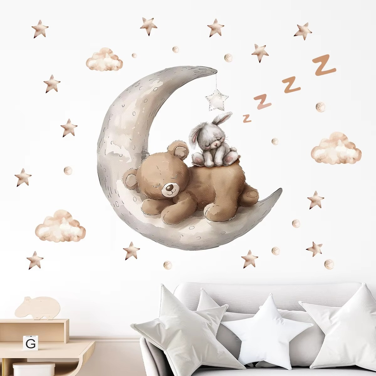 Наклейка вінілова "Ведмедик із зайчиком на Місяці" в дитячу кімнату на стіну для дівчаток і хлопчиків 30х60 см, фото 1