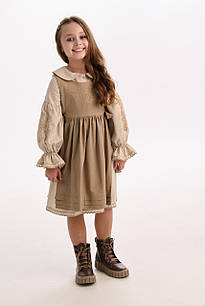 Дитяча сукня з вишивкою для дівчинки 'Зґарда', бежева, довгий рукав, льон із бавовною