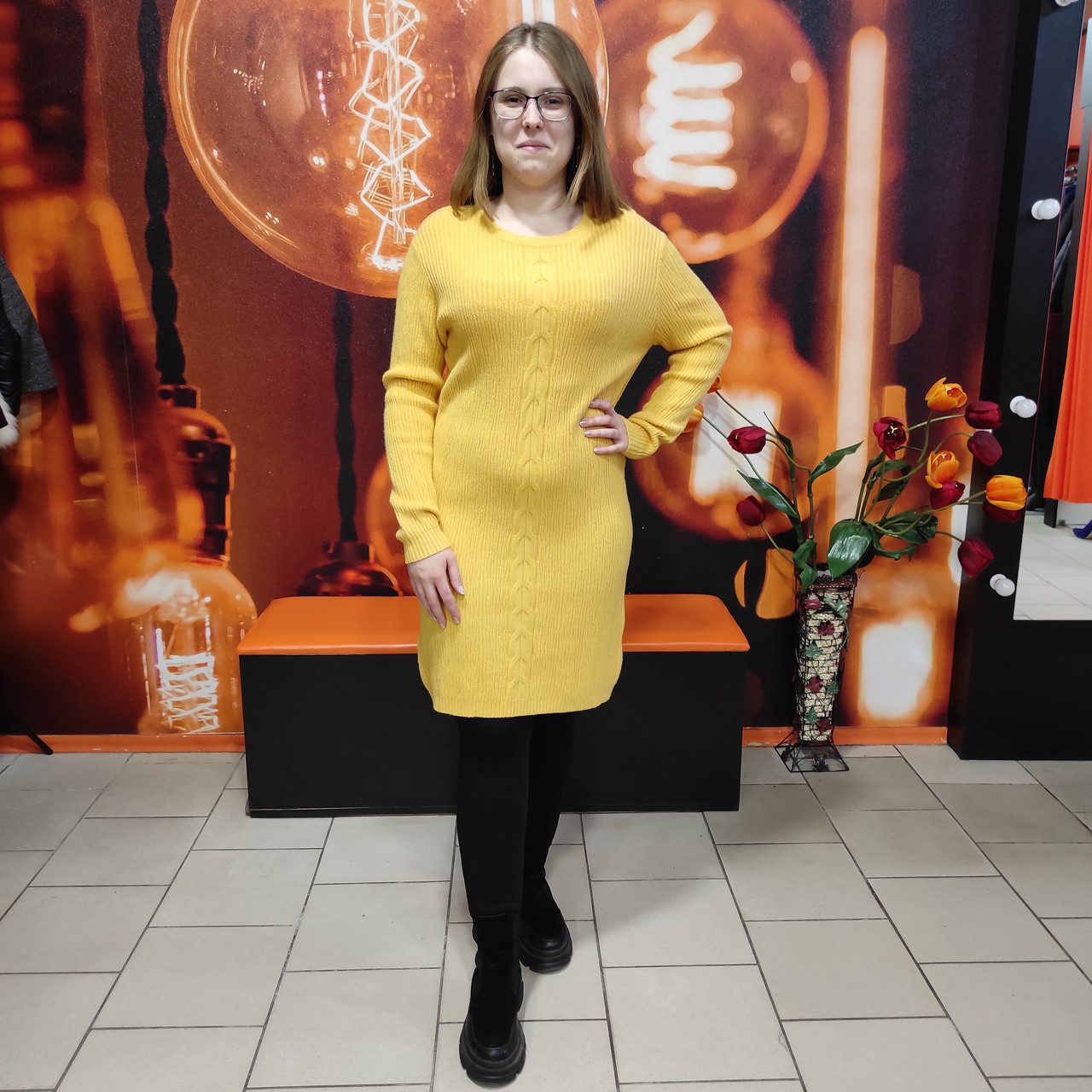 Плаття в'язане сукня тепла довгий рукав пряме жовте, фото 1