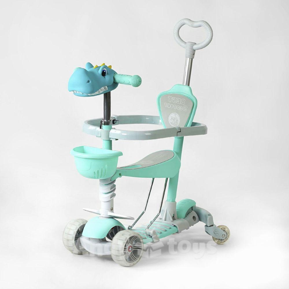 Дитячий самокат 5в1 Best Scooter P-67303 зелений з головою динозавра та батьківською ручкою