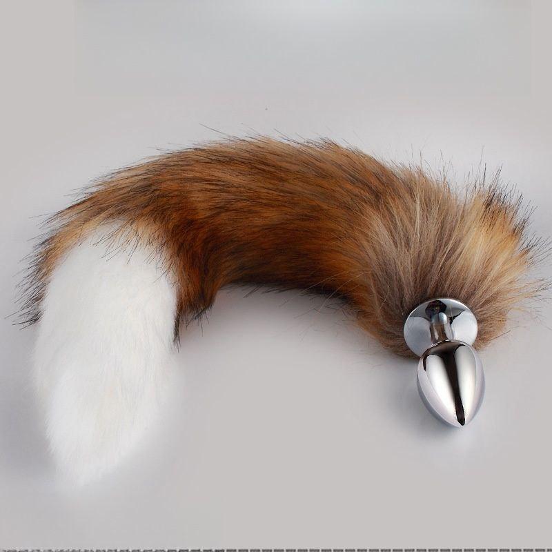 Анальний корок металевий із КОРІЧНЕвим хвостом. Анальна іграшка, плаг, втулка, розмір S, 2.8 см
