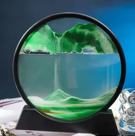 Пісочна 3D картина антистрес скляна кругла пісочний краєвид Чорно Зелена, Піщана арт картина для дому з кварцовим піском