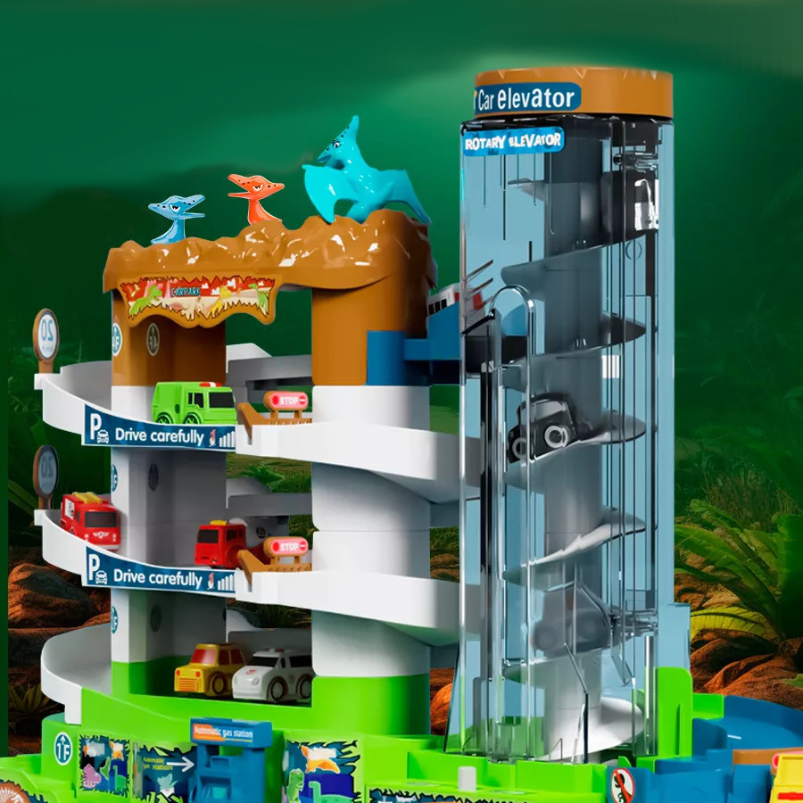 Інтерактивний автотрек 4 машинки 3 рівні Ігровий трек Дитячий набір парковка авто підйомник мелодія світло, фото 1