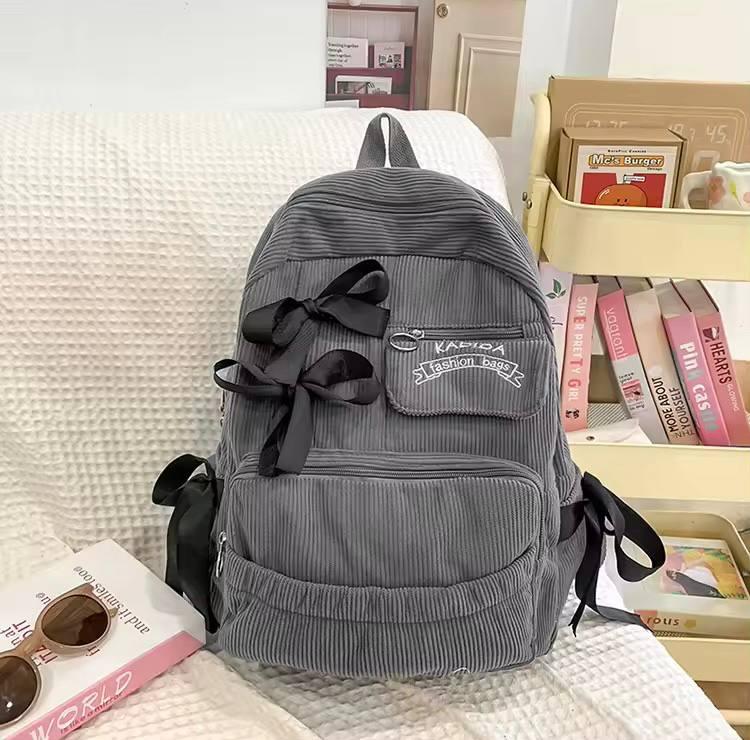 Вельветовый рюкзак серый с бантиками женский стильный для подростков красивый модный Rentegner (AV340\2) - фото 1 - id-p2457232211