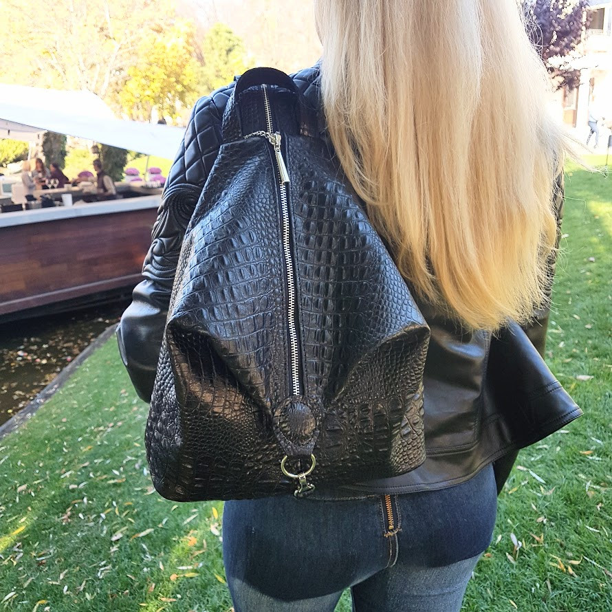 Рюкзак жіночий "Паріс" натуральна шкіра, чорний з тисненням під крокодила, фото 1