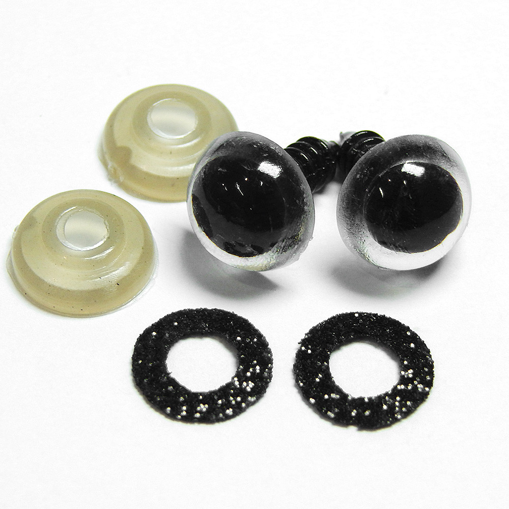 Вічка для іграшок блискучі, напівсфера, 14 мм + кріплення, чорні (2 шт)