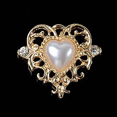 Декор перлинно-стразовий «Серце» на ажурній метал. основі, 2,5х2,2 см, золотий