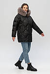 Стильний чорний пуховик із хутром песця, фото 2