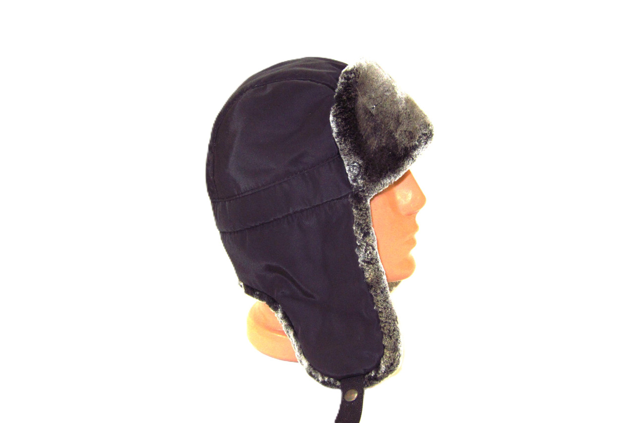 Шапка вушанка з чорної плащової тканини зі штучним хутром. DAVANI 55002, фото 1