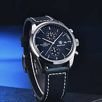 Элитные Наручные кожаные мужские часы Benyar Professional с хронографом синие , кварцевый механизм