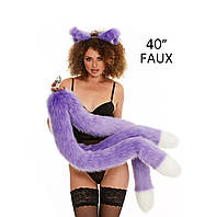 Анальний потрійний хутряний хвіст без пробки Фіолетовий з білим кінчиком OKOVA 1000 мм Кайф