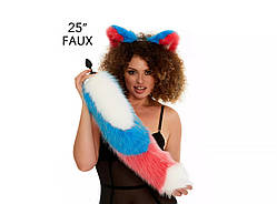 Анальний хутряний хвіст без пробки Триколірний Білий Яскраво-блакитний яскраво-рожевий з білим кінчиком OKOVA 600 мм Кайф