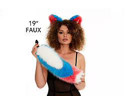 Анальний хутряний хвіст без пробки Триколірний Білий Яскраво-блакитний яскраво-рожевий з білим кінчиком OKOVA 500 мм Кайф