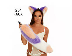 Анальний хутряний хвіст без пробки Триколірний Персиковий фіолетовий білий з персиковим кінчиком OKOVA 600 мм Кайф