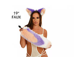 Анальний хутряний хвіст без пробки Триколірний Персиковий фіолетовий білий з персиковим кінчиком OKOVA 500 мм Кайф