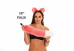 Анальний хутряний хвіст без пробки Яскраво-рожевий з білим кінчиком OKOVA 500 мм Кайф