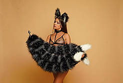 Анальний потрійний хутряний хвіст без пробки Чорнобурка з білим кінчиком OKOVA 1000 мм Кайф