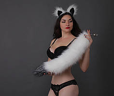 Анальний хутряний пухнастий хвіст без пробки Білий із чорнобурим кінчиком OKOVA 600 мм Кайф