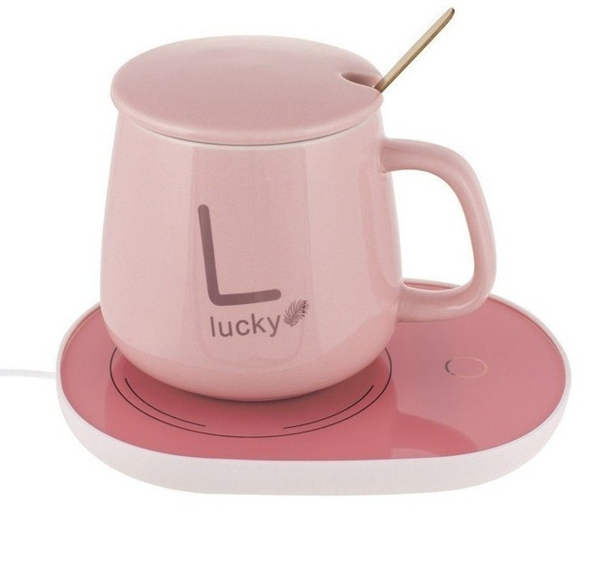Керамічна чашка Lucky з підставкою і підігрівом от 220в 350 мл, Рожева, фото 1