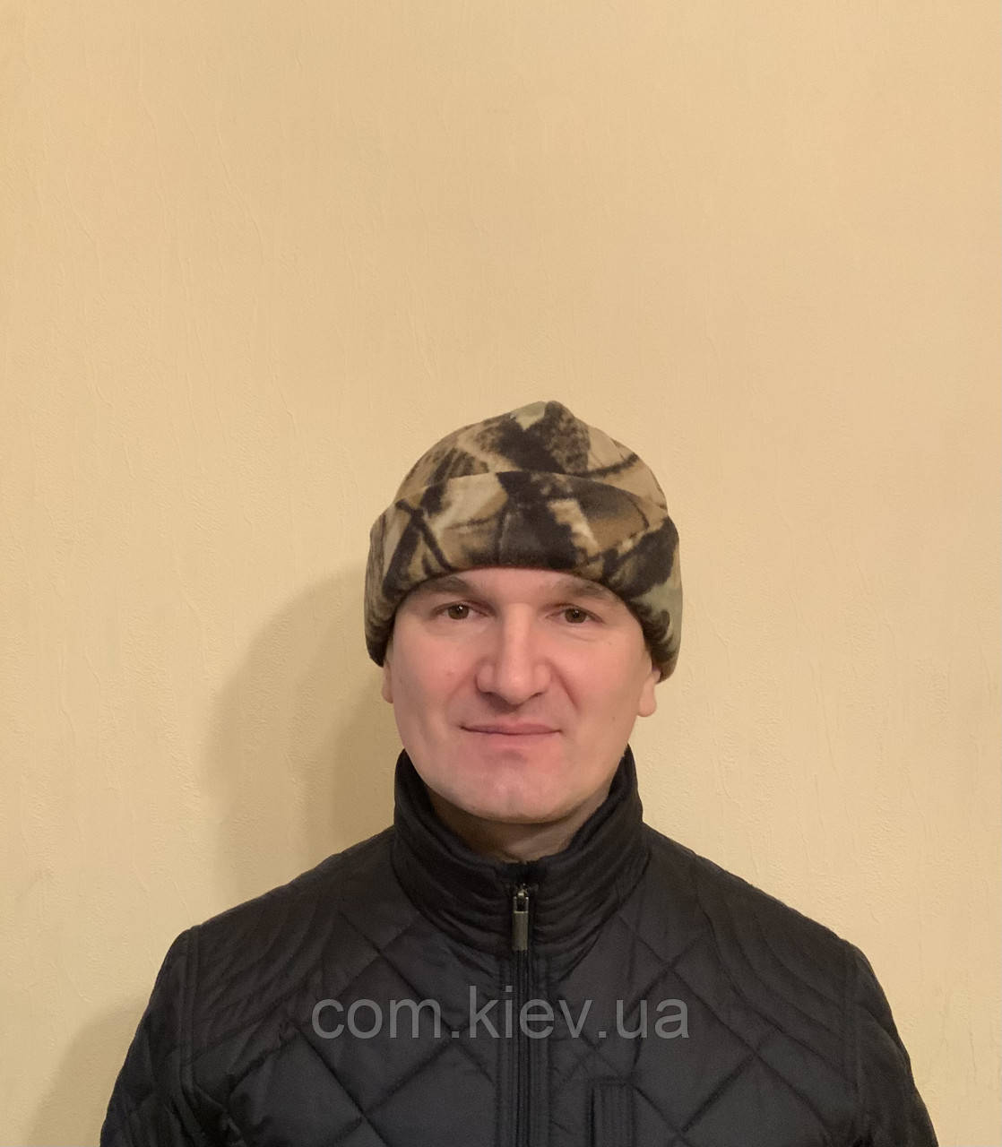 Шапка дуже тепла Зимова камуфльована (осінній ліс ) з подвійного флісу, з підворотом
