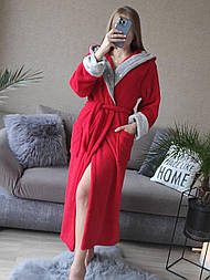 Халат теплий жіночий довгий червоний із зірками на лацкані