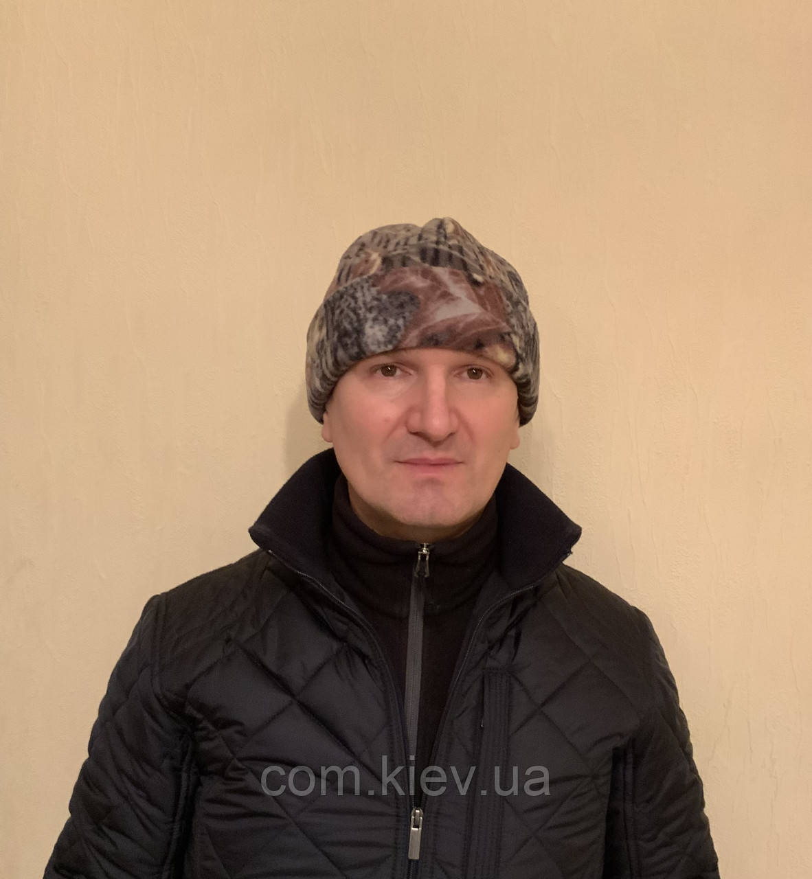 Шапка дуже тепла Зимова камуфльована (зимовий ліс з подвійного флісу, з підворотом