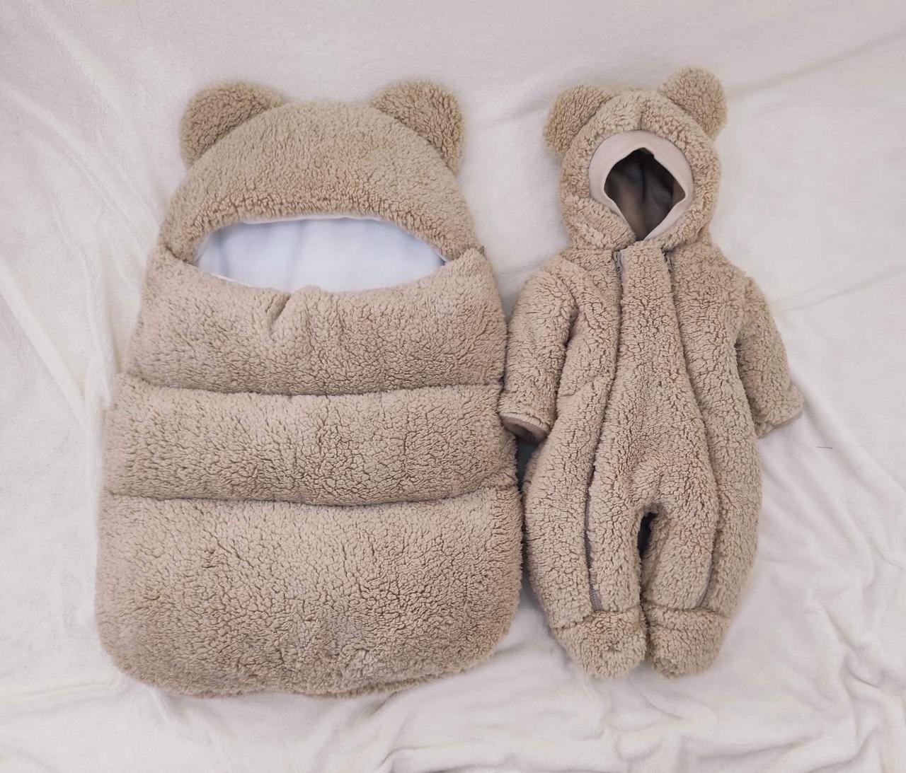 Комплект Тедді для новонароджених дітей, спальник та комбінезон 56-62 розмір, світлий бежевий, фото 1