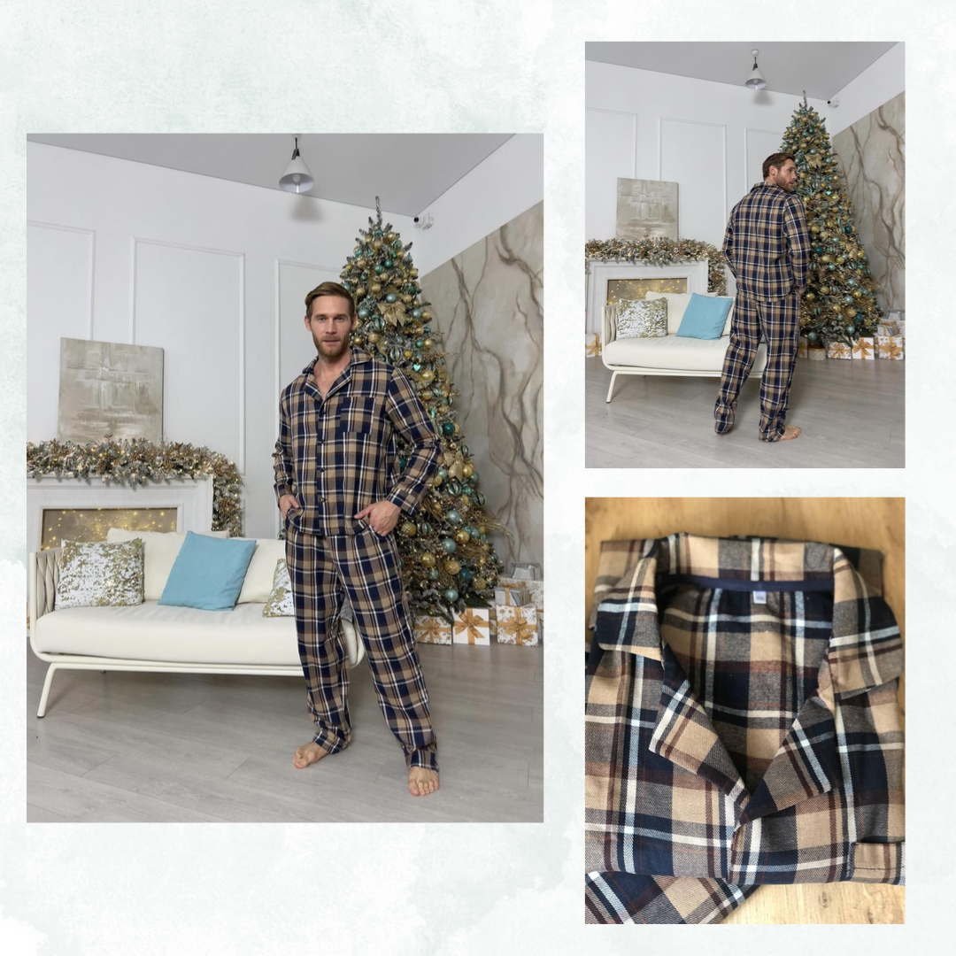 Домашня чоловіча фланелева піжама в клітинку розмір M, піжама чоловіча сорочка та штани якісна Коричневий, фото 1