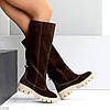 Високі чоботи труби натуральна замша колір гіркий Шоколад на бежевій тракторній підошві, фото 5